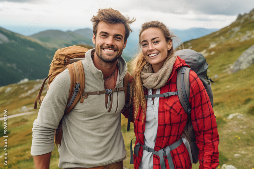 Cheerful couple enjoying hike together in nature with backpacks and smiles Cheerful couple enjoying hike together in nature with backpacks and smiles