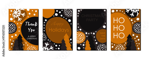 Set of christmas greeting card templates with lettering calligraphy decorative ornament elements, gold, black, white. 