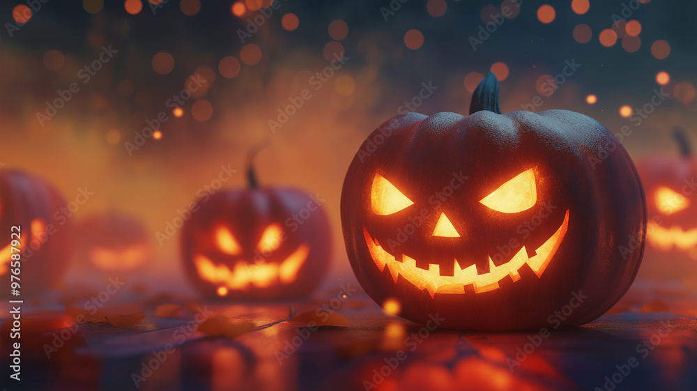 Fototapeta premium Happy halloween banner with scary pumpkin head burning candles.
