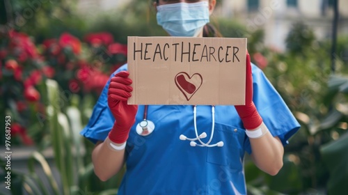 A nurse holding a sign that reads "Healthcare Hero