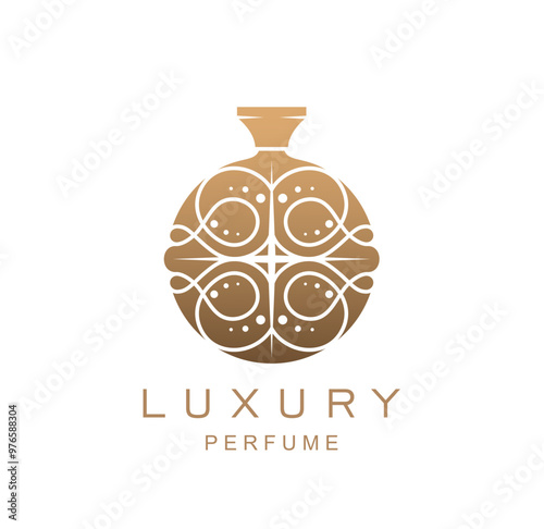 Luxury perfume fragrance icon. Isolated vector golden round vial with intricate ornament. Elegant emblem for lux high end scent brand and beauty product, exudes sense of opulence and luxury style