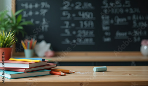 Back To School, Books, pen, Pencils, notebook, chalk, duster, With black board. background concept. Ai generated.