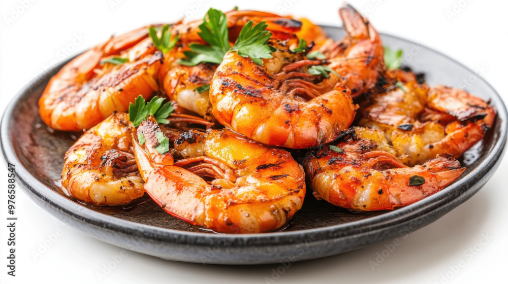 Grilled shrimps served on a white plate Grilled shrimps served on a white plate