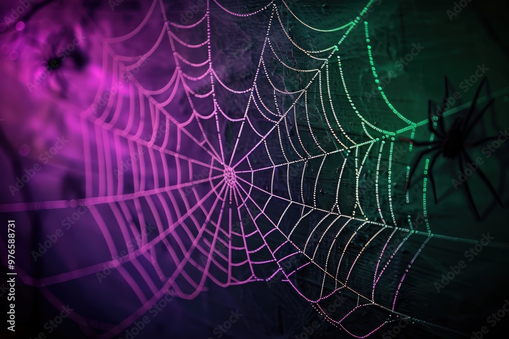 Spider web silhouette against a dark wall, purple and green lighting, Halloween atmosphere. Spider web silhouette against a dark wall, purple and green lighting, Halloween atmosphere.