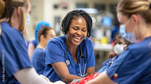 A nurse instructor guiding trainees through hands-on practice.