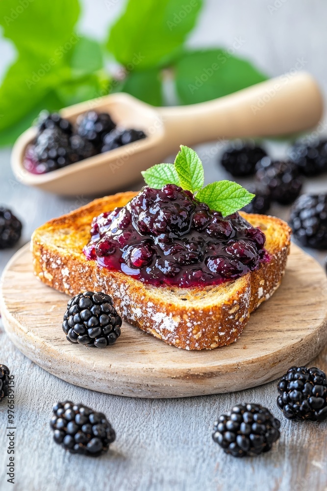 Toast with blackberry jam and fresh blackberries, garnished with mint on a wooden board. Toast with blackberry jam and fresh blackberries, garnished with mint on a wooden board.