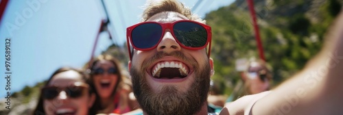 A man joyfully experiencing an exhilarating ride with friends. Sunglasses amplify the thrill as they capture the sunlight, epitomizing a carefree adventure. photo