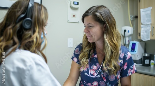 A nurse practitioner examining a patient in a clinic.