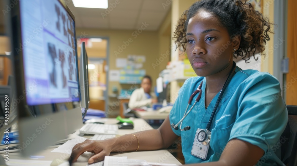 Obraz premium A nurse reviewing electronic medical records on a desktop.