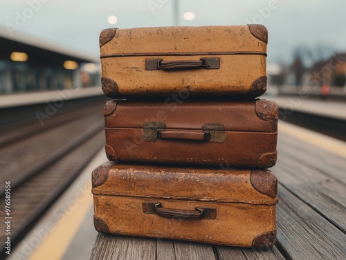 Vintage leather suitcases stacked at a train station warm golden sunset light nostalgic travel scene retro luggage wooden platform steam from train travel photography retro style vintage aesthetic tra photo