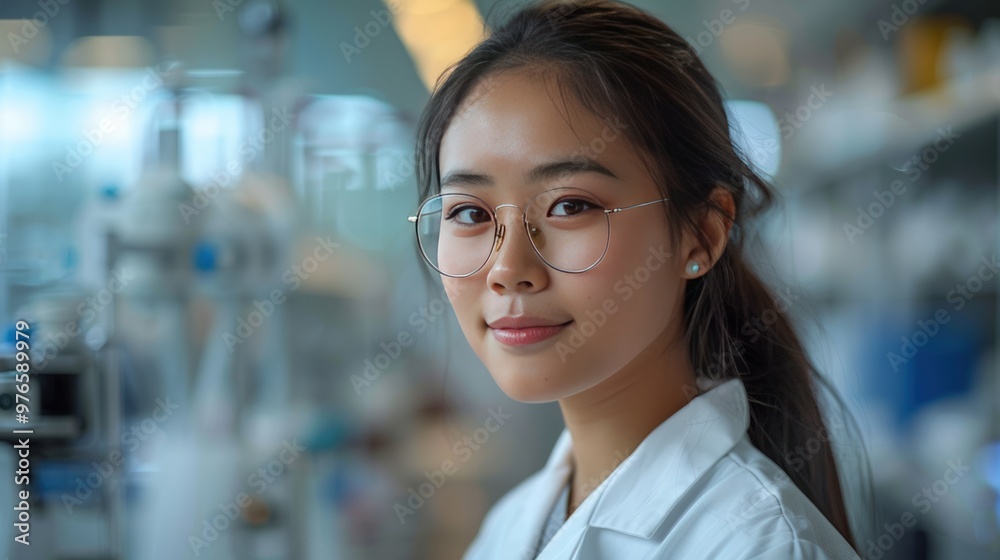 Young Asian woman scientist with glasses smiling in a lab. Young Asian woman scientist with glasses smiling in a lab.