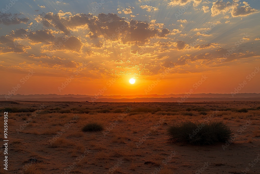 Obraz premium Sunset over the desert of Saudi Arabia wide view, ai