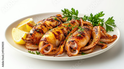 Wallpaper Mural A mouthwatering plate of grilled squid tubes stuffed with fragrant herb and garlic butter, served with a side of roasted vegetables Torontodigital.ca