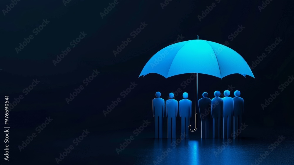 Blue umbrella sheltering people figures in the dark, symbolizing protection and insurance. Blue umbrella sheltering people figures in the dark, symbolizing protection and insurance.
