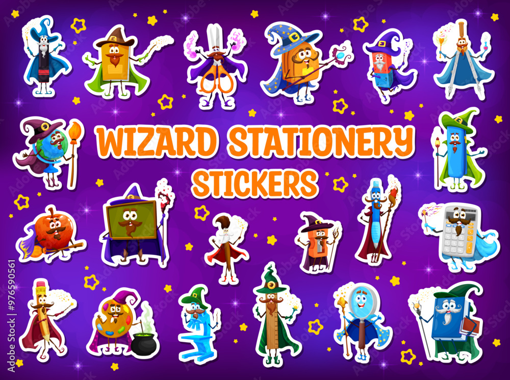Fototapeta premium Stickers pack for cartoon school education of Halloween wizards and mags, vector characters. Halloween holiday school stationery stickers, funny ruler and pen in wizard hat or book with magic wand