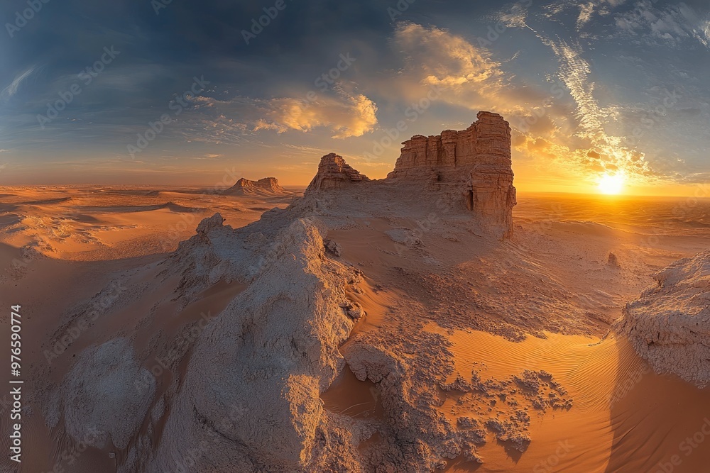Fototapeta premium Sunset over the desert of Saudi Arabia wide view, ai