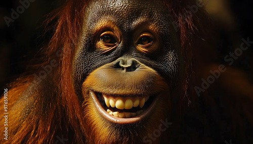 A close-up of an orangutan's face with a big smile, showing its teeth.