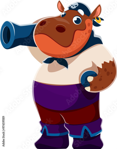 Cartoon hippo animal pirate character. Corsair gunner hippopotamus sailor with cannon and cannonball. Cute vector personage of hippo animal pirate in sailor costume with skull, sea robber character