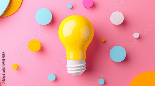 Yellow light bulb with geometric decorations on pink and blue background. Concept of creativity, innovation, and bright ideas.