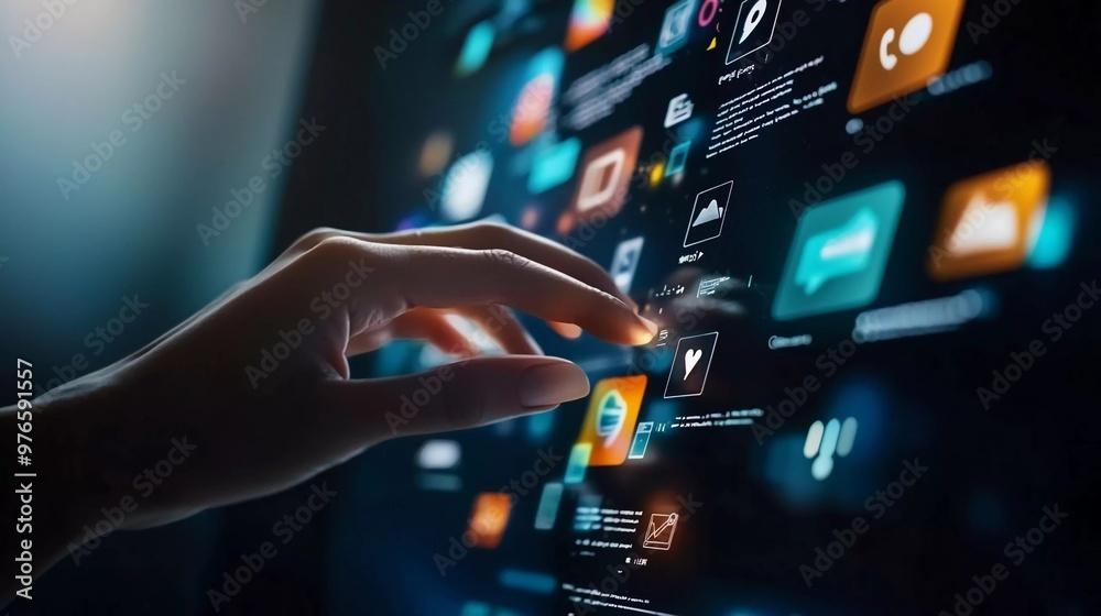 
Digital marketing media (website ad, email, social network, SEO, video, mobile app) in a nice Modern UI computer touching