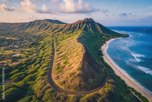 Aerial view of Koko Head and mountain landscape overlooking ocean and beach, Hawaii, United States , ai