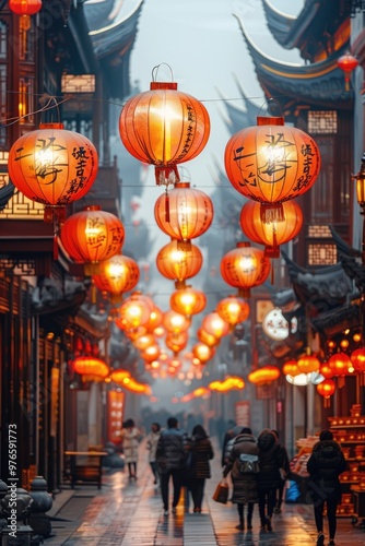 Chinese ancient architecture. Hanging red lanterns