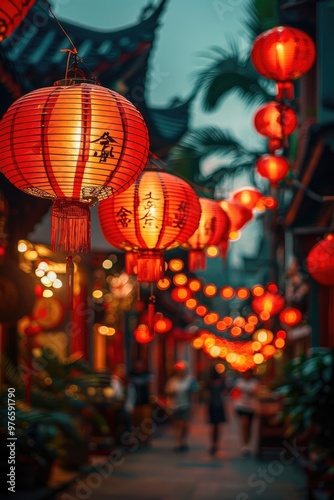 Chinese ancient architecture. Hanging red lanterns