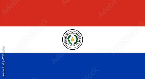 National Flag of Republic of Paraguay, An horizontal triband of red, white and blue, defaced on the obverse with the coat of arms of Paraguay, and on the reverse by the reverse side of the arms