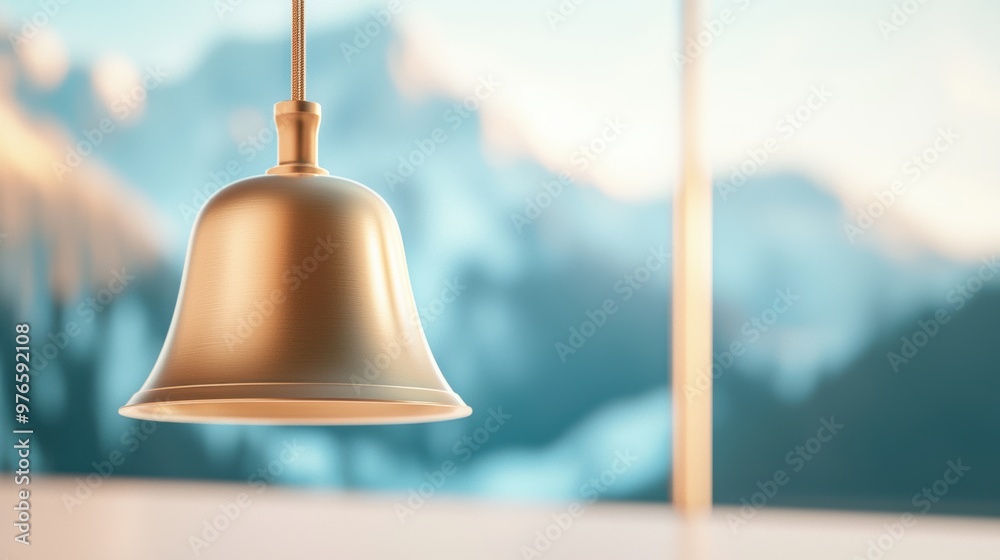Obraz premium Elegant bell hangs gracefully in a serene setting, capturing the beauty of simplicity against a blurred mountain backdrop.