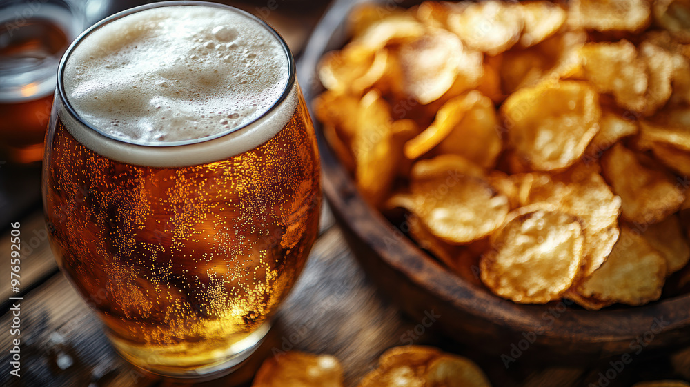 Close-Up of Beer with Chips Close-Up of Beer with Chips