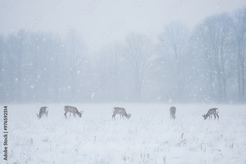 Deer grazing in a snow-covered field during heavy snowfall, creating a tranquil and enchanting winter landscape. Deer grazing in a snow-covered field during heavy snowfall, creating a tranquil and enchanting winter landscape.
