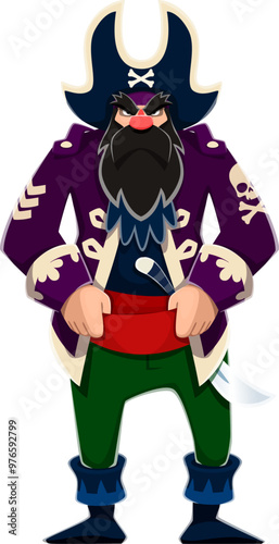 Cartoon pirate or shipman skipper character with beard in tricorne hat, vector angry corsair. Old pirate skipper or boatswain corsair and filibuster man in captain with crossbones and saber swords