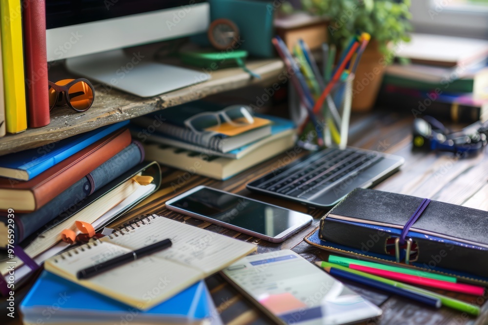 Organized Workspace with Books and Pens Organized Workspace with Books and Pens