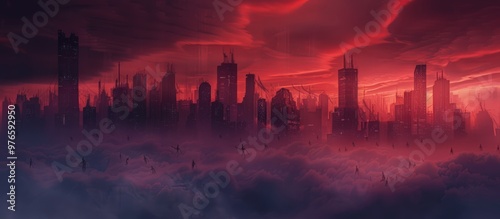 Sinister city skyline with ghostly fog and spectral figures drifting among the buildings, under a deep red sky. Full ultra HD, high resolution --ar 16:7 --no noise --v 6.0 - Image #3 @hamza