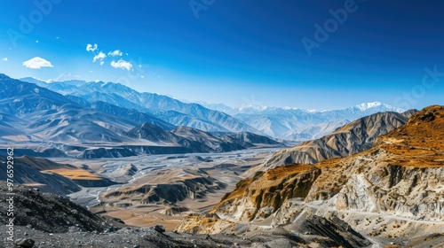 A breathtaking mountain landscape with diverse terrain and clear skies
