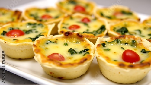 A tray of mini quiches with spinach cheese_