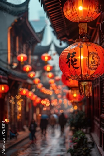 Chinese ancient architecture. Hanging red lanterns