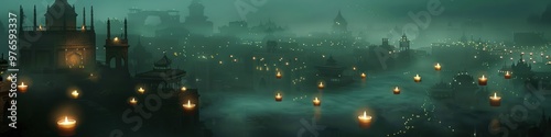 Sinister city skyline with ghostly fog and ancient, haunted buildings illuminated by floating candles. Full ultra HD, high resolution --ar 4:1 --no noise --v 6.0 - Image #3 @hamza photo