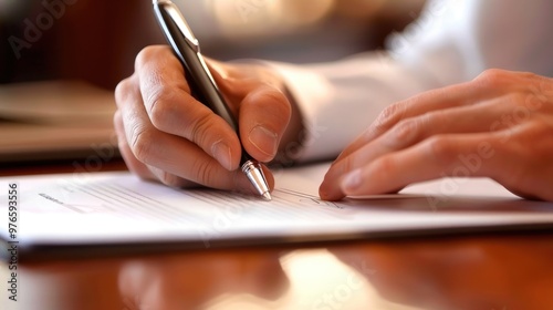 A business document being signed by an executive at a conference table