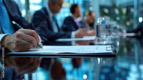 A business document being signed by an executive at a conference table