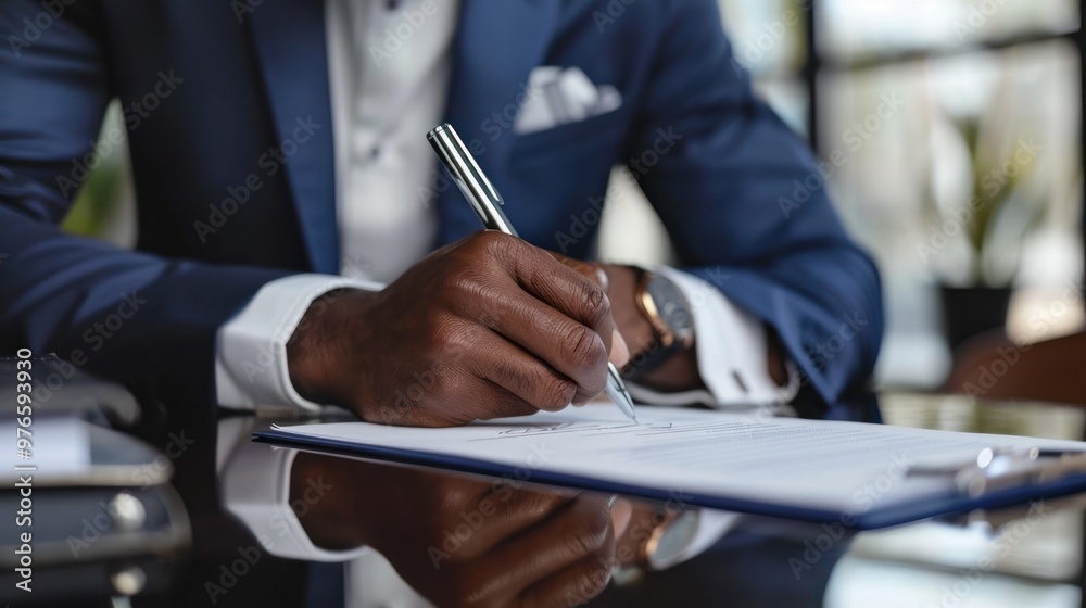 A business professional completing the signing of a formal document A business professional completing the signing of a formal document