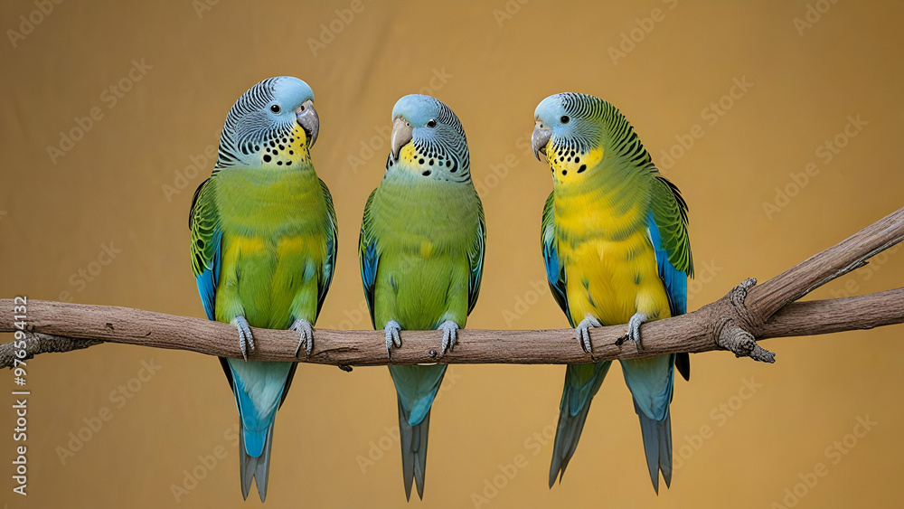 Obraz premium green and blue parakeets sitting on a branch looking at each other with a brown background,