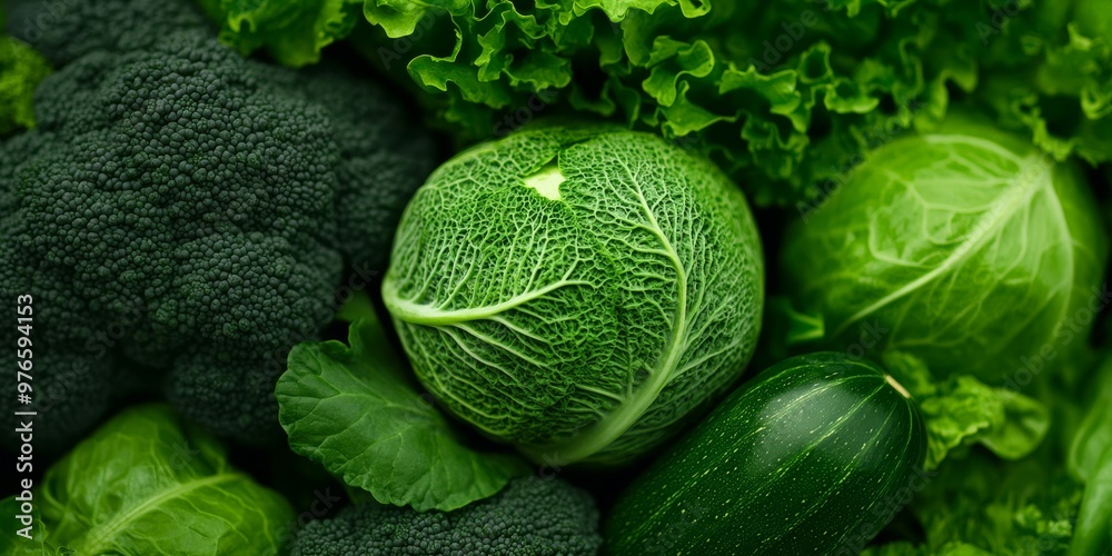 Fototapeta premium A cinematicstyle photograph of a green vegetable with intricate ridges and a matte surface surrounded by vegetables in shades of emerald olive and lime green The vegetables are densely arranged creati