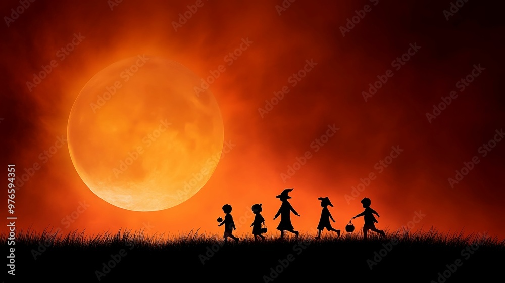 Spooky Impressionist Halloween Night: Children Trick-or-Treating under Twilight Sky with Copy Space for Text Spooky Impressionist Halloween Night: Children Trick-or-Treating under Twilight Sky with Copy Space for Text