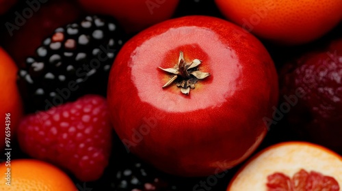 A cinematicstyle photograph of a matte red fruit with natural folds combined with fruits in shades of burgundy crimson and terracotta The fruits are tightly packed in a dense compact cluster with mini photo