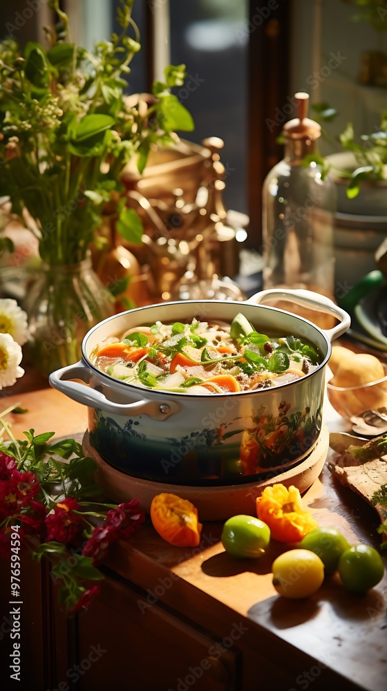 A pot of steaming soup on a wooden counter with fresh produce and flowers. A pot of steaming soup on a wooden counter with fresh produce and flowers.