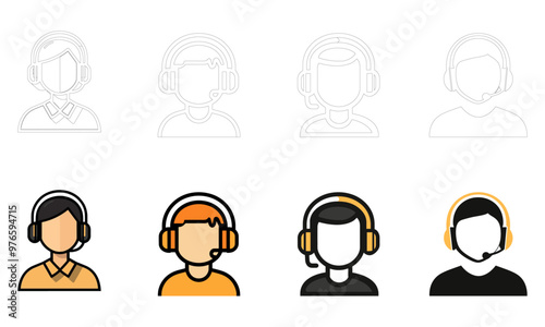 telemarketers icon set in black filled and outlined style.