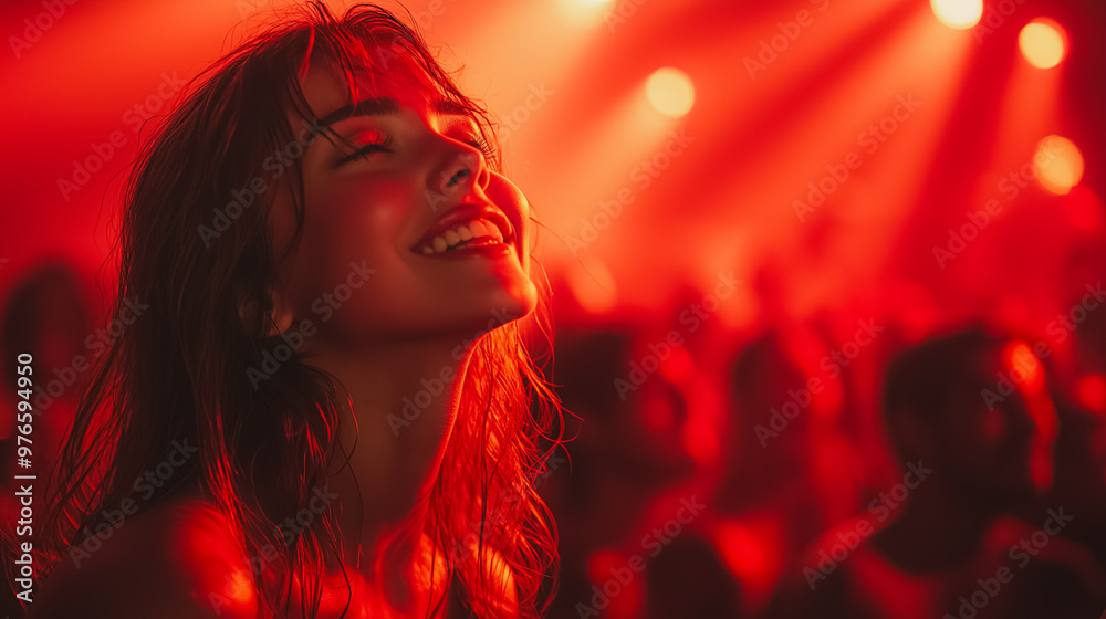 A woman is smiling in a red room with a crowd of people. Scene is happy and energetic A woman is smiling in a red room with a crowd of people. Scene is happy and energetic