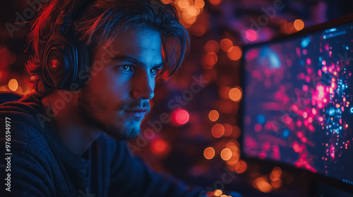 A man is playing a video game with a computer monitor in front of him. He is wearing headphones and has a serious expression on his face. The room is dimly lit