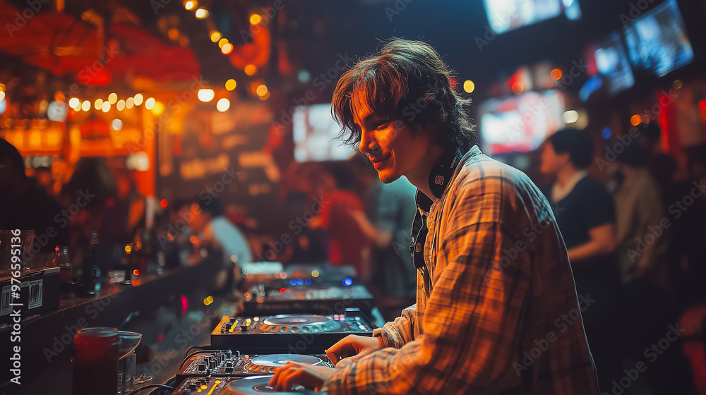 A man is playing music at a bar. The bar is crowded with people. The man is smiling and seems to be enjoying himself A man is playing music at a bar. The bar is crowded with people. The man is smiling and seems to be enjoying himself